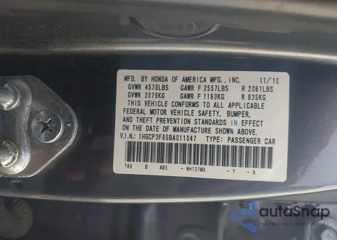 2011 Honda Accord Exl from USA, damaged, VIN 1HGCP3F85BA011047